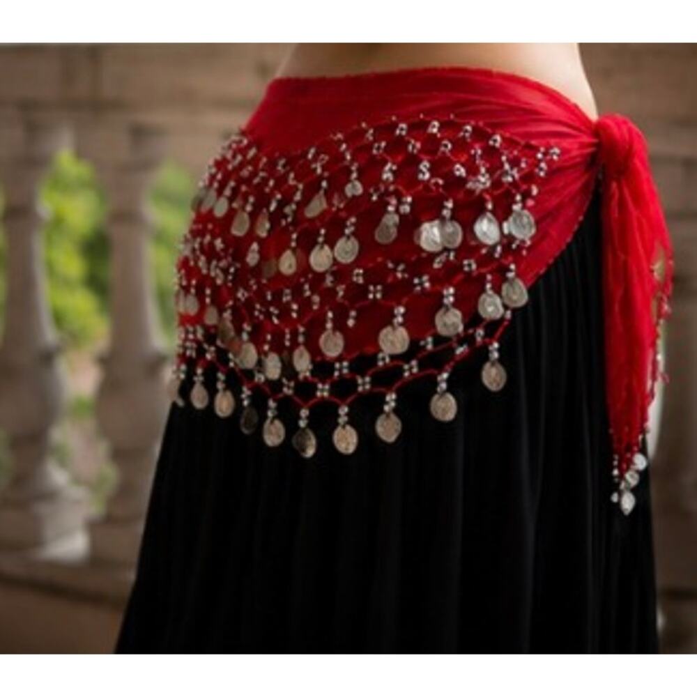 Red Belly Dance Hip Scarf Coin Wrap Sheer Chiffon Silver Tone Coins Used - Picture 10 of 16